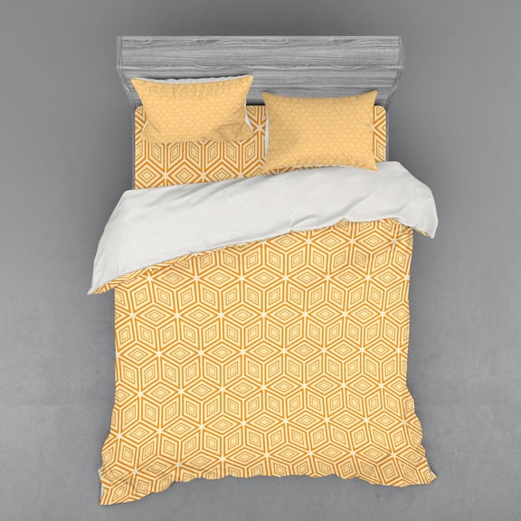 Ambesonne Geometric Bedding Set 4 Pcs, Diamond Ornament, Queen, Pale Yellow Orange