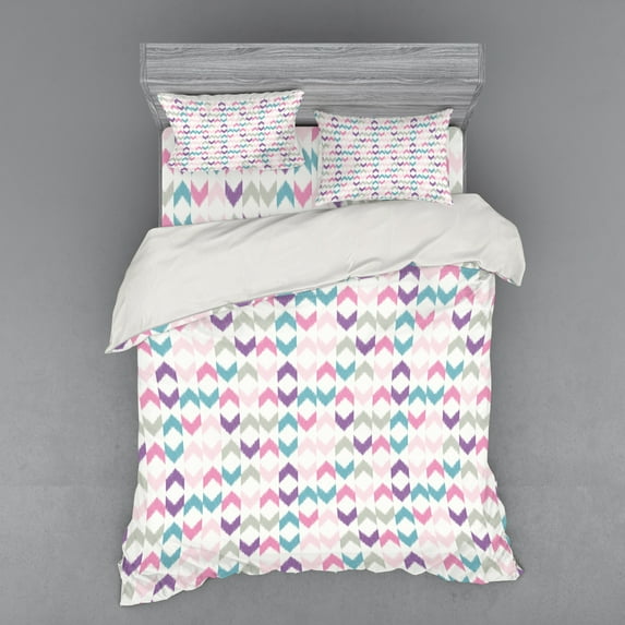 Ambesonne Geometric Bedding Set 4 Pcs, Eastern Chevron Boho, Queen, Violet Pink Teal