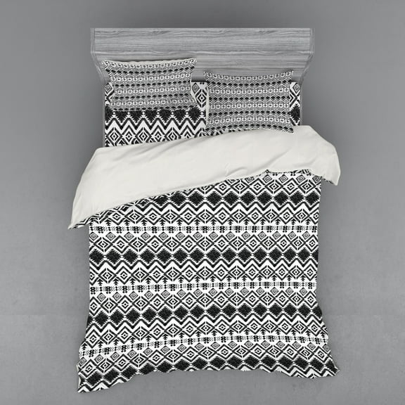 Ambesonne Geometric Bedding Set 4 Pcs, Modern Line Zig Zag, Queen, Black and White