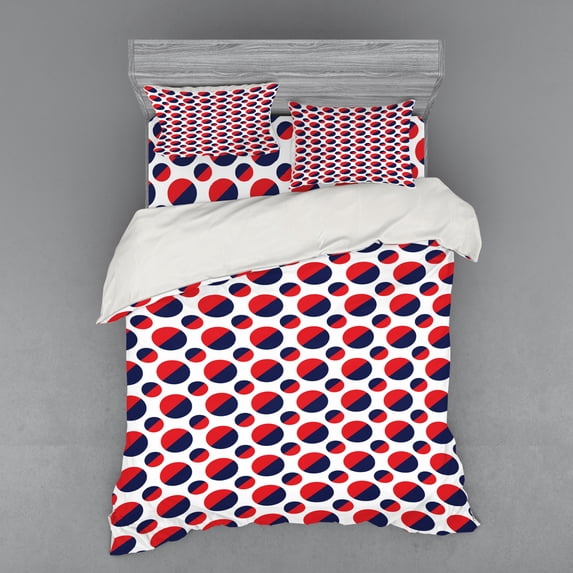 Ambesonne Geometric Bedding Set 4 Pcs, Red Circles Rounds, Queen, Navy Blue Red and White