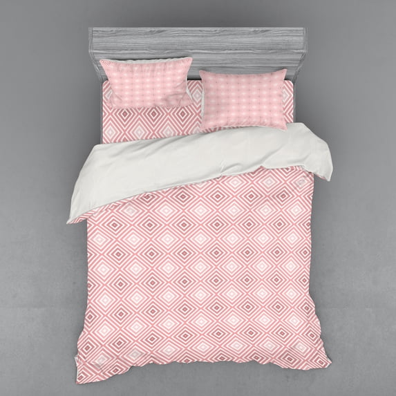 Ambesonne Geometric Bedding Set 4 Pcs, Rhombus Stripes Line, Queen, Pale Pink