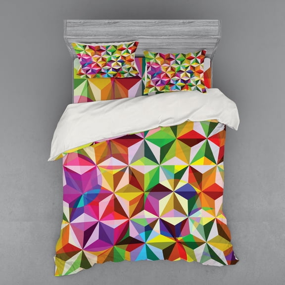 Ambesonne Geometric Bedding Set 4 Pcs, Sixties Rainbow Cubes, Queen, Multicolor