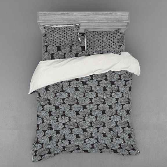 Ambesonne Geometric Bedding Set 4 Pcs, Traditional Woodblock, Queen, Charcoal Grey and White