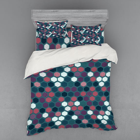 Ambesonne Geometric Bedding Set 4 Pcs, Vibrant Hexagon Shapes, Queen, Dried Rose Dark Teal