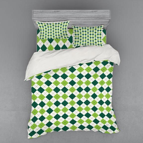Ambesonne Geometric Bedding Set 4 Pcs, Vintage Diamond Line, Queen, Lime Green Dark Green