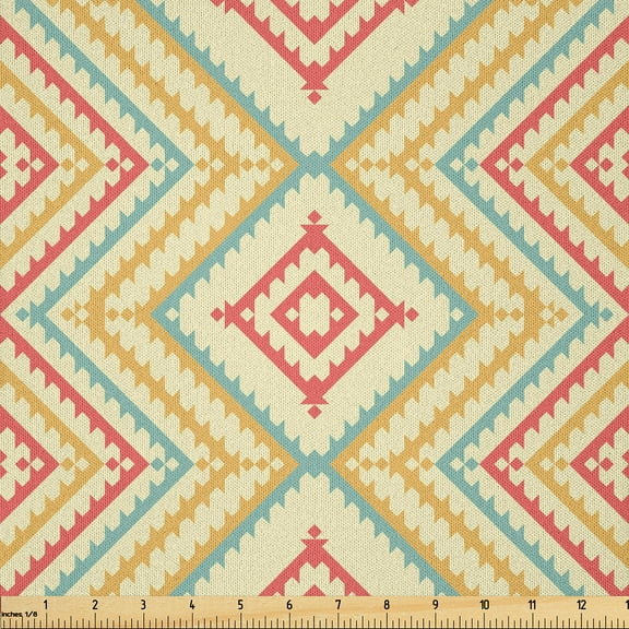 Ambesonne Geometric Boho Fabric by the Yard Microfiber, Ethnic Primitive, 5 Yards, Cream Pale Teal and Coral