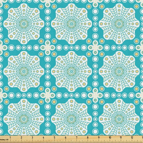 Ambesonne Geometric Boho Fabric by the Yard Upholstery, Bohemian Ethnic Star, 1 Yard, Dark Seafoam Ecru and White