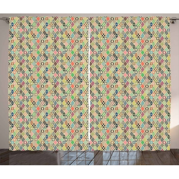 Ambesonne Geometric Curtains 2 Panel Set, Patchwork Art Rhombus, 108" x 96", Multicolor