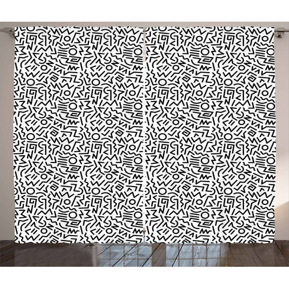 Ambesonne Geometric Curtains 2 Panel Set, Vintage Lines Circles, 108" x 63", Black White