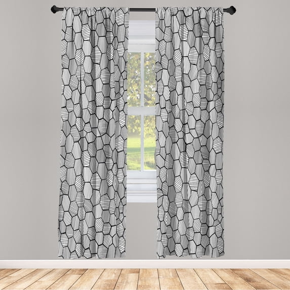 Ambesonne Geometric Curtains, Sketch Hexagon Shapes, Pair of 28"x95", Black and White