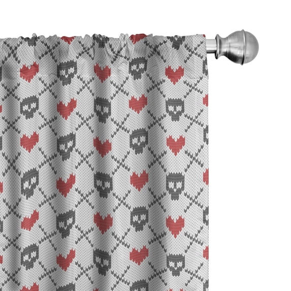 Ambesonne Geometric Curtains, Skulls Red Hearts, Pair of 28"x63", Grey Red Coconut