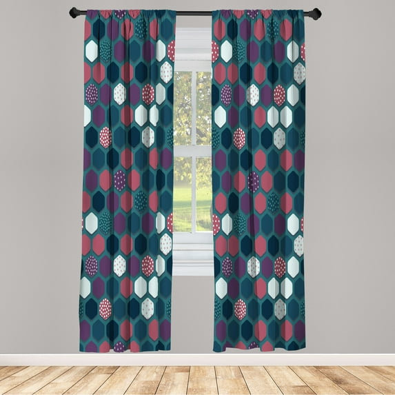 Ambesonne Geometric Curtains, Vibrant Hexagon Shapes, Pair of 28"x84", Dried Rose Dark Teal