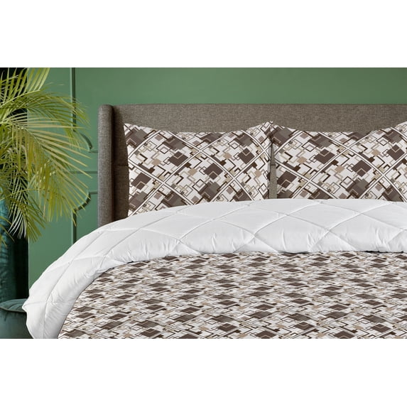 Ambesonne Geometric Down Alternative Quilt Comforter, Abstract Earthy Squares, Full, Dark Cocoa Ecru and White