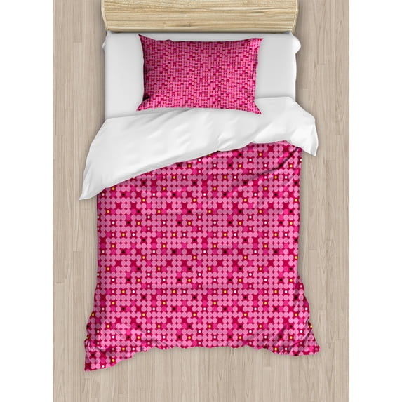 Ambesonne Geometric Duvet Cover Set, Modern Feminine Rounds, Twin, Raspberry Pink