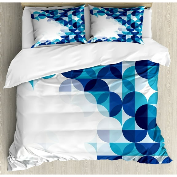 Ambesonne Geometric Duvet Cover Set, Modern White Circles, 2-Calking, Dark Blue White and Blue