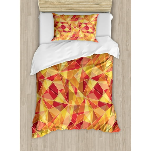 Ambesonne Geometric Duvet Cover Set, Mosaic Digital Style, Twin, Orange Marigold Red