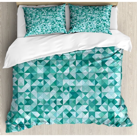 Ambesonne Geometric Duvet Cover Set, Triangle Mosaic Shape, Queen, Teal Green