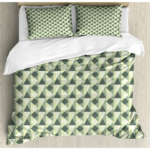 Ambesonne Geometric Duvet Cover Set, Triangles and Squares, 2-Calking, Pale Green Reseda Green