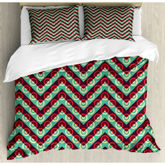 Ambesonne Geometric Duvet Cover Sets, 50s Retro Pop Art, 2-King, Maroon Sea Green