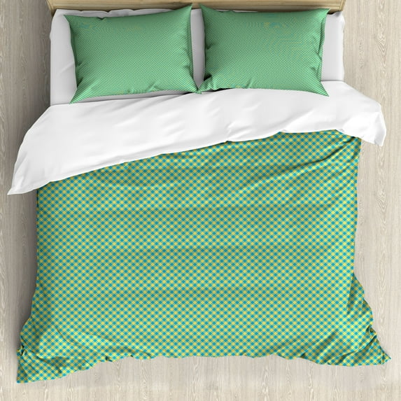 Ambesonne Geometric Duvet Cover Sets, Bicolour Design Gingham, 2-Queen, Mustard and Sky Blue