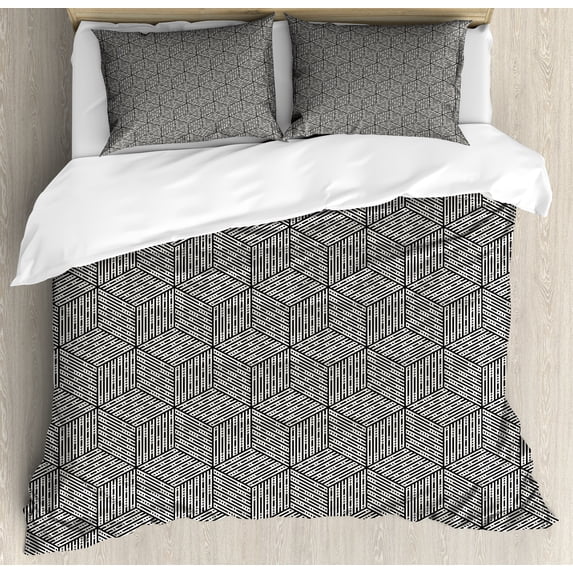 Ambesonne Geometric Duvet Cover Sets, Cubic Forms Abstract Art, 2-Queen, Charcoal Grey and Ivory