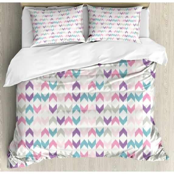 Ambesonne Geometric Duvet Cover Sets, Eastern Chevron Boho, 2-Queen, Violet Pink Teal