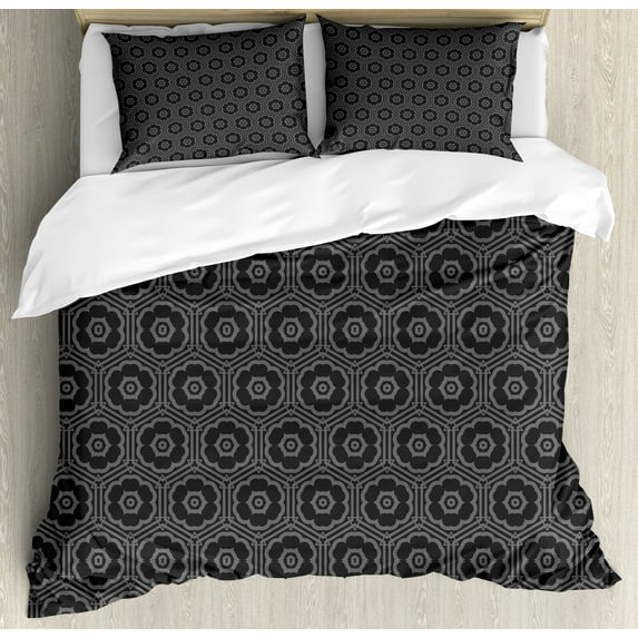 Ambesonne Geometric Duvet Cover Sets, Greyscale Flowers Grid, 2-King, Dark Grey and Dimgray