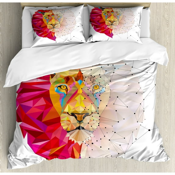 Ambesonne Geometric Duvet Cover Sets, Lion Head, 2-Queen, White Pink Orange