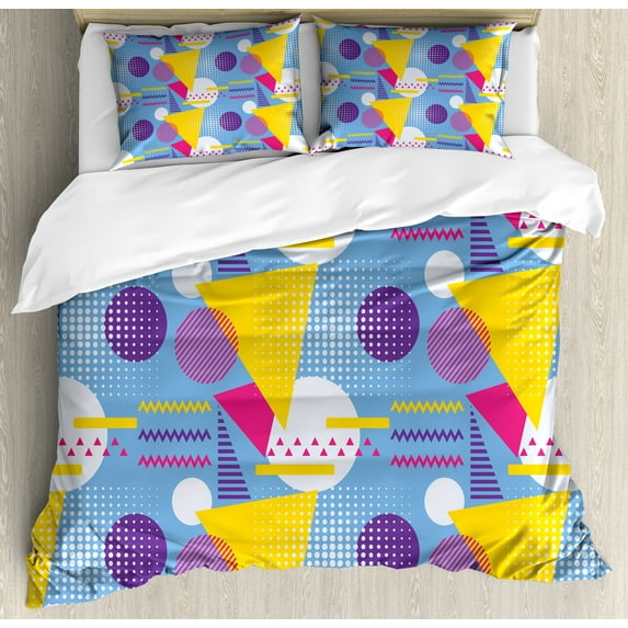 Ambesonne Geometric Duvet Cover Sets, Memphis Style Art Image, 2-Queen, Blue and Multicolor