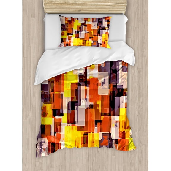 Ambesonne Geometric Duvet Cover Sets, Modern Painting, 2-Twin, Orange Yellow and White