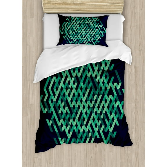 Ambesonne Geometric Duvet Cover Sets, Ombre Maze Lines, 2-Twin, Green and Blue
