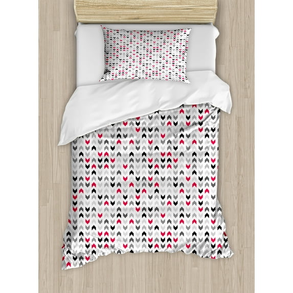 Ambesonne Geometric Duvet Cover Sets, Red Zig Zags Chevron, 2-Twin, Hot Pink Grey White