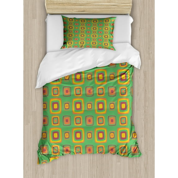Ambesonne Geometric Duvet Cover Sets, Retro Feelings Squares, 2-Twin, Sea Green Orange Purple