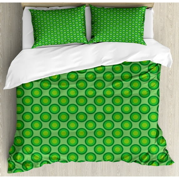 Ambesonne Geometric Duvet Cover Sets, Retro Greenery Rounds, 2-King, Green and Apple Green