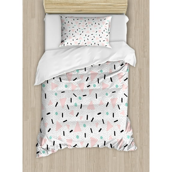 Ambesonne Geometric Duvet Cover Sets, Retro Triangles Dots, 2-Twin, Pale Pink Teal Black