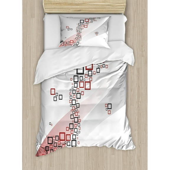 Ambesonne Geometric Duvet Cover Sets, Square Wavy Shapes, 2-Twin, Grey and Red