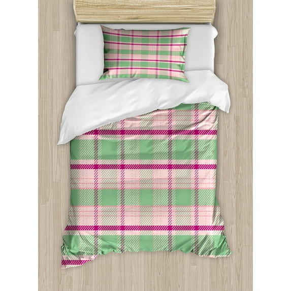 Ambesonne Geometric Duvet Cover Sets, Symmetric Plaid Graphic, 2-Twin, Pistachio Green Pale Pink