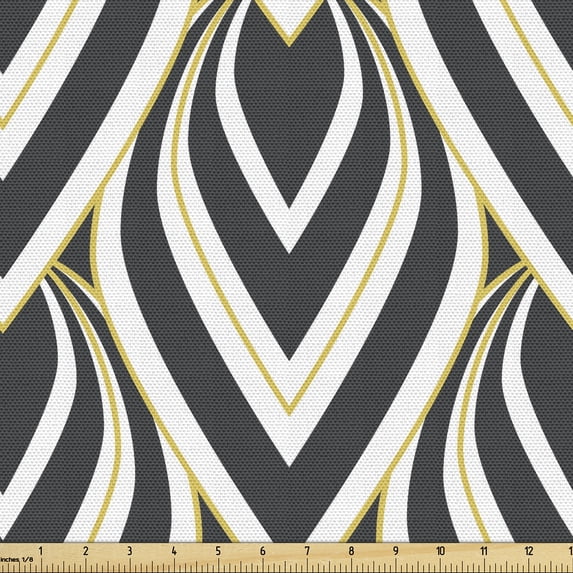 Ambesonne Geometric Fabric by the Yard Upholstery, Abstract Boho Ethnic Leaf, 2 Yards, Charcoal Grey and Mustard