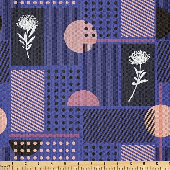 Ambesonne Geometric Fabric by the Yard Microfiber, Circles Stripes Flowers, 1 Yard, Dark Violet Black Blush