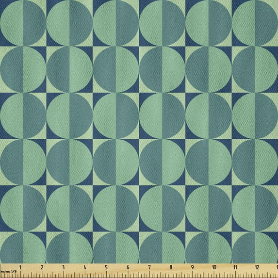 Ambesonne Geometric Fabric by the Yard Microfiber, Circular Forms in Squares, 5 Yards, Cadet Blue Laurel Green