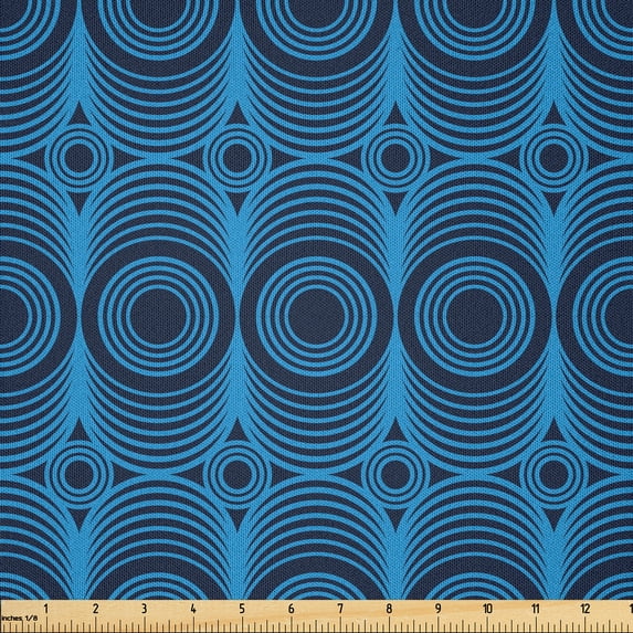 Ambesonne Geometric Fabric by the Yard Microfiber, Concentric Circles Art, 1 Yard, Azure Blue and Dark Blue Grey