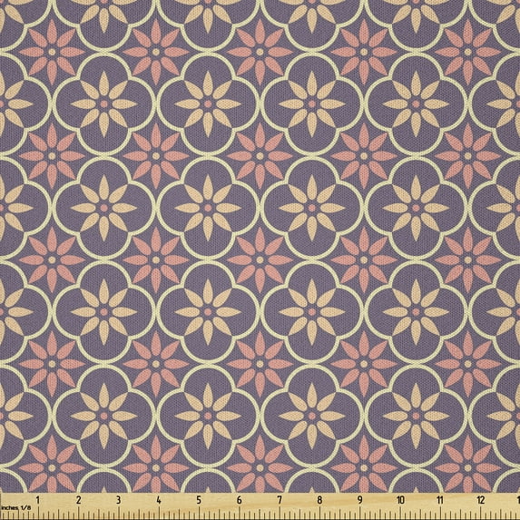 Ambesonne Geometric Fabric by the Yard Microfiber, Floral Eastern Motifs, 10 Yards, Pale Orange Mauve Coral