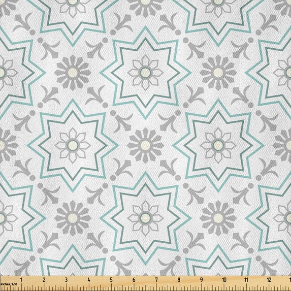 Ambesonne Geometric Fabric by the Yard Microfiber, Floral Star Shapes Art, 1 Yard, Pale Seafoam Grey and White