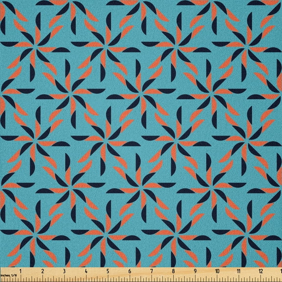 Ambesonne Geometric Fabric by the Yard Microfiber, Flower Patterned, 1 Yard, Blue Vermilion Black