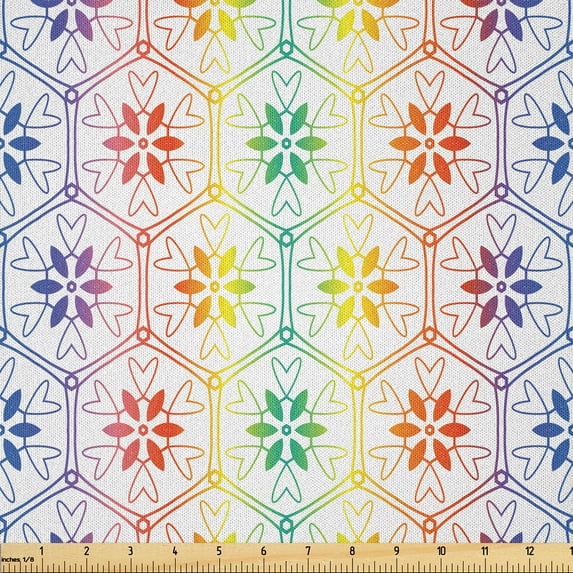 Ambesonne Geometric Fabric by the Yard Microfiber, Flowers Hexagons Pattern, 1 Yard, Earth Yellow Green Blue