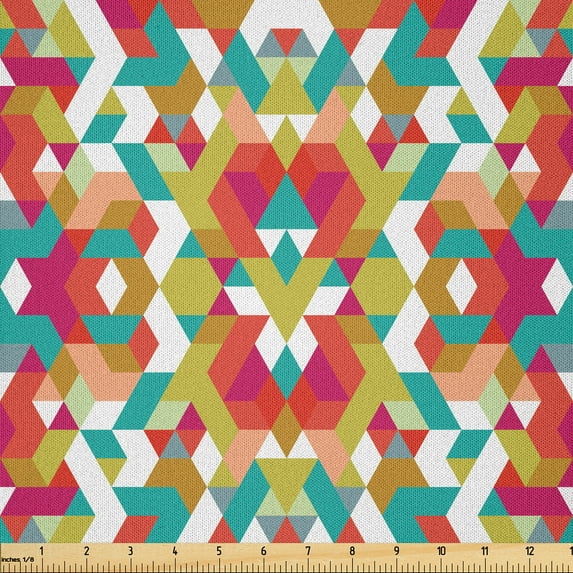 Ambesonne Geometric Fabric by the Yard Microfiber, Mosaic Folkloric Rhombus, 5 Yards, Fuchsia Burnt Sienna