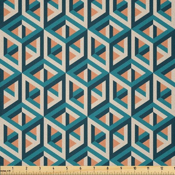 Ambesonne Geometric Fabric by the Yard Microfiber, Realistic Hexagonal Cube, 1 Yard, Petrol Blue Salmon and Teal