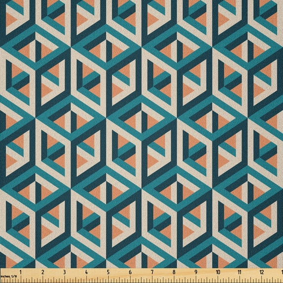 Ambesonne Geometric Fabric by the Yard Microfiber, Realistic Hexagonal Cube, 5 Yards, Petrol Blue Salmon and Teal