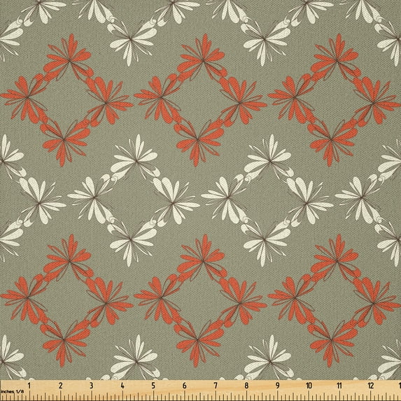 Ambesonne Geometric Fabric by the Yard Microfiber, Rectangles Flowers, 3 Yards, Sage Green Vermilion