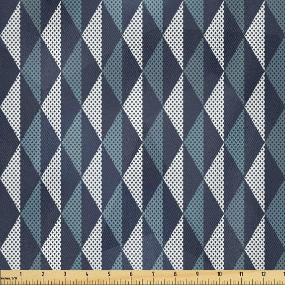 Ambesonne Geometric Fabric by the Yard Microfiber, Rhombuses and Dots, 5 Yards, Bluegrey Dark Blue White